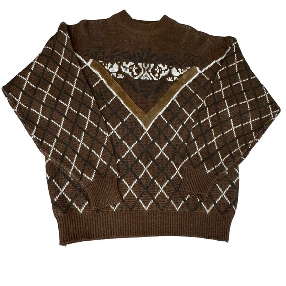 JJ Cochran Sweater Mens XL Argyle Sweater Trim Leather Wool Grunge‎ 90s Grandpa - Picture 1 of 8